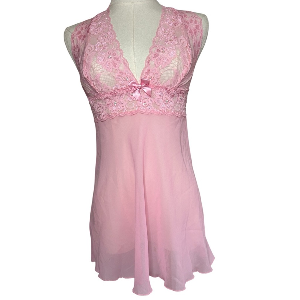 Y2K FREDERICKS HOLLYWOOD Babydoll Sheer Lace Sequin Halter Top Coquette Fairy M